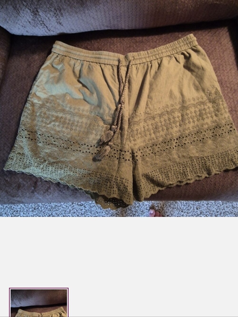 Faded Glory Olive Eyelet Lace Trim High Waist Shorts